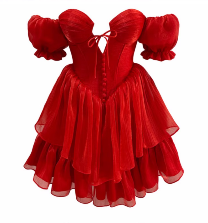 Charming Red A Line Puff Layered Chiffon Short Homecoming Dress Vacation Dress SH4151