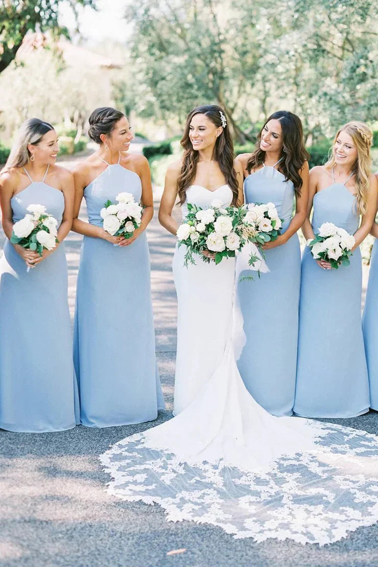 Charming A-Line Halter Sky Blue Chiffon Long Bridesmaid Dresses SH6287