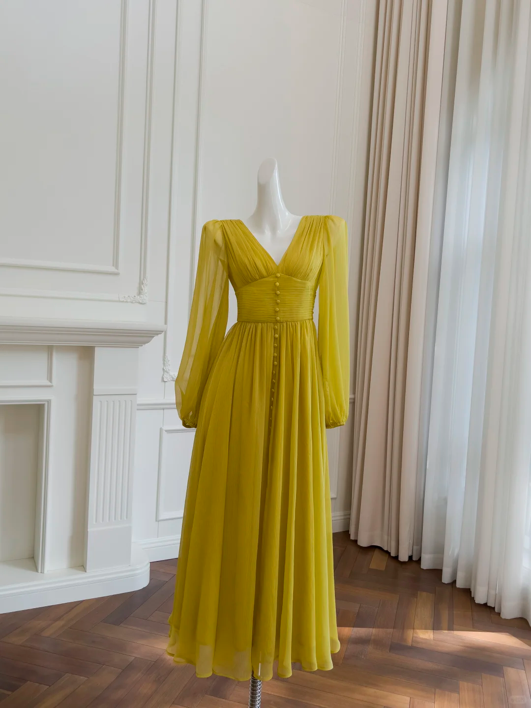 Yellow A Line Long Sleeve Emerald Prom Dress Wedding Guest Dress SH3019