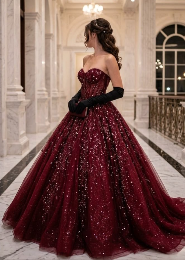 Shiny Burgundy A Line Sweetheart Neck Sequin Tulle Prom Dress Evening Dress SH6327