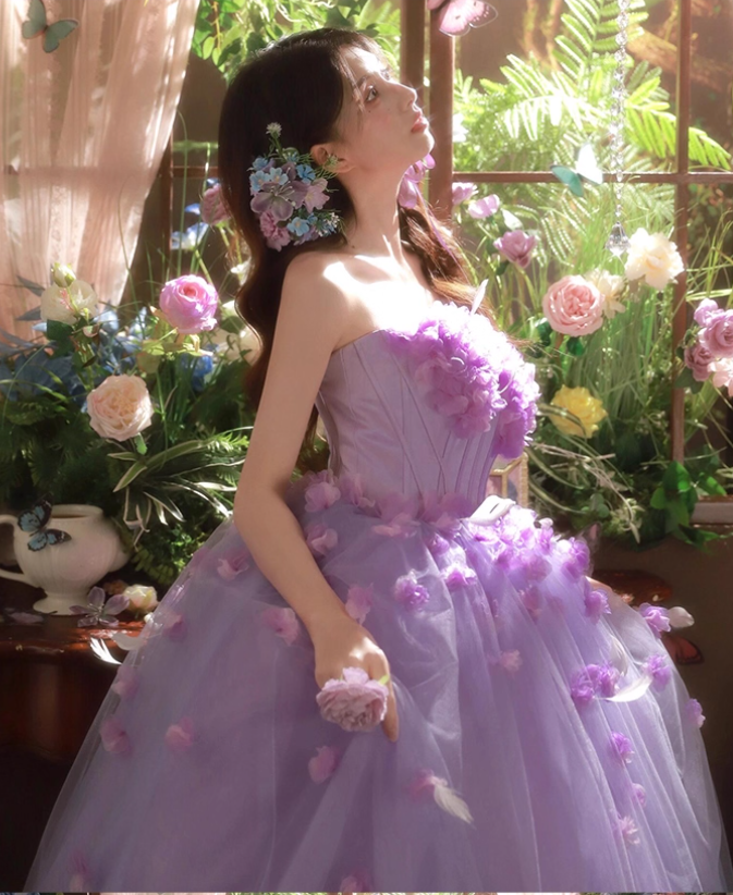 Purple Ball Gown Strapless Corset Floral Tulle Prom Dress 16th Birthday Dress SH4053