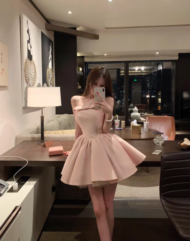 Pink Bow A Line Spaghetti Strap Satin Short Homecoming Dress Cocktail Dress SH3384