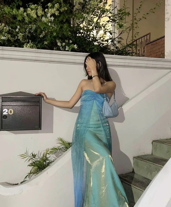 Vintage A Line Halter Blue Chiffon Satin Long Prom Dress Graduation Prom Dress SH2621