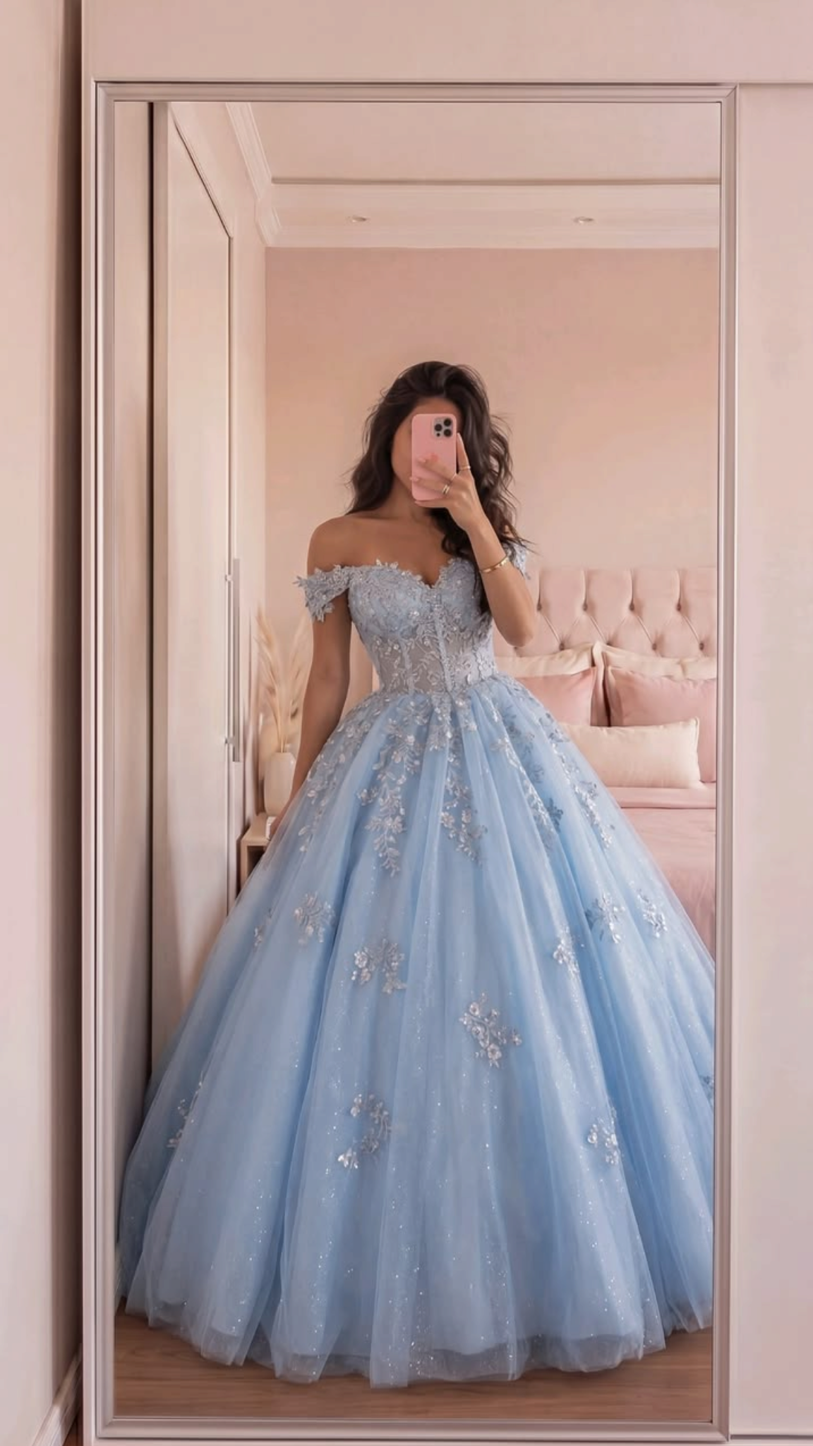 Princess Baby Blue A Line Off the Shoulder Appliques Tulle Long Prom Dress Date Dress SH7025