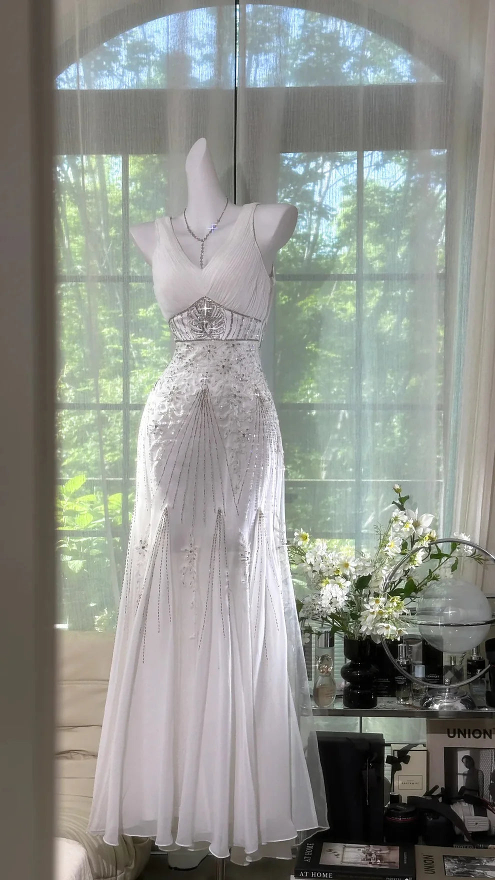 Gentle Mermaid V Neck Shiny Rhinestone White Chiffon Prom Dress Date Dress SH4329