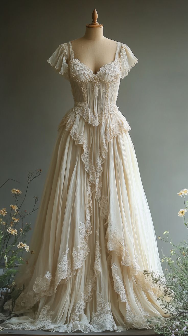 Vintage A Line Sweetheart Neck Lace Chiffon Tulle Prom Dress Evening Dress SH2361