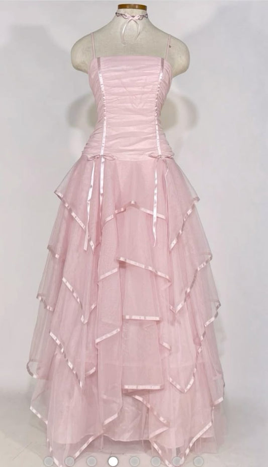 Pink Vintage A Line Spaghetti Straps Layered Tulle Prom Dress Party Dress SH3662
