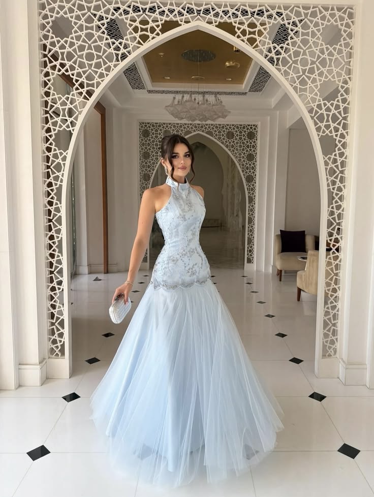 Baby Blue A Line Halter Beaded Tulle Satin Long Prom Dress Evening Dress SH8853