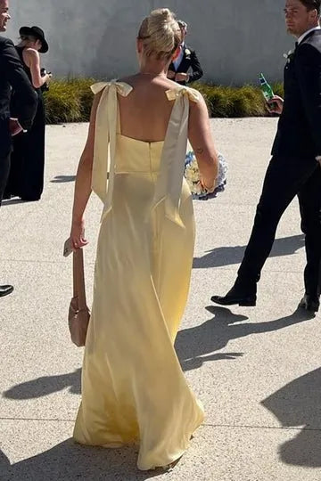 Sheath Straps Yellow Satin Long Bridesmaid Dresses with Slit SH6292