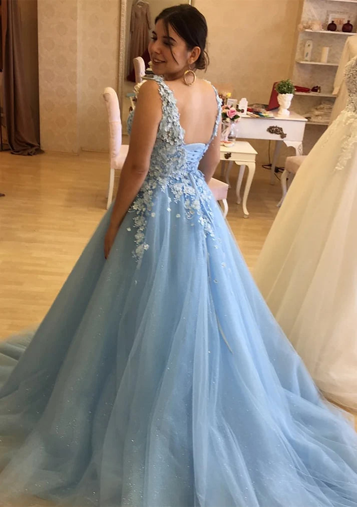 Blue 3D Floral A Line V Neck Tulle Evening Dress Prom Dress SH8227