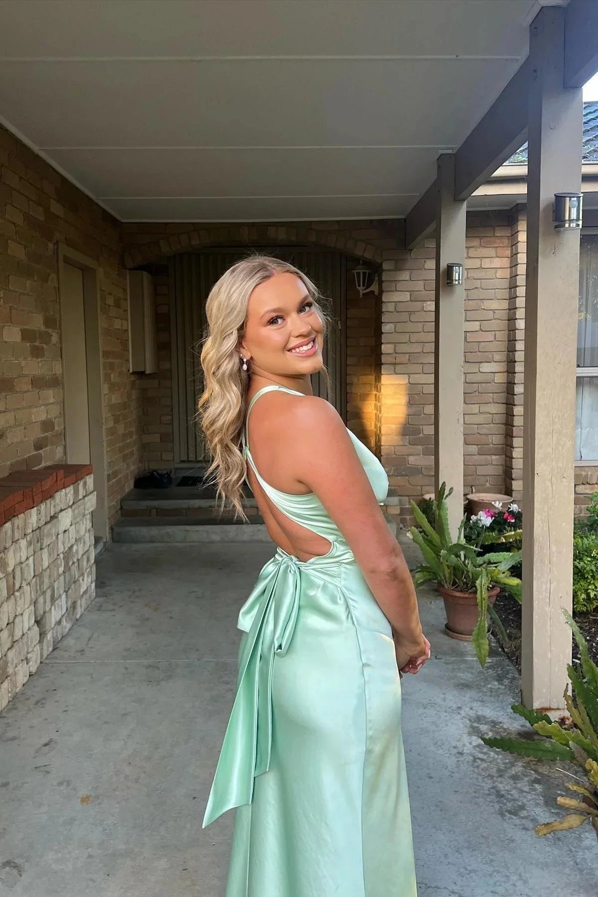 Simple A Line Halter Purple Satin Open Back Prom Dress Evening Dress SH2533