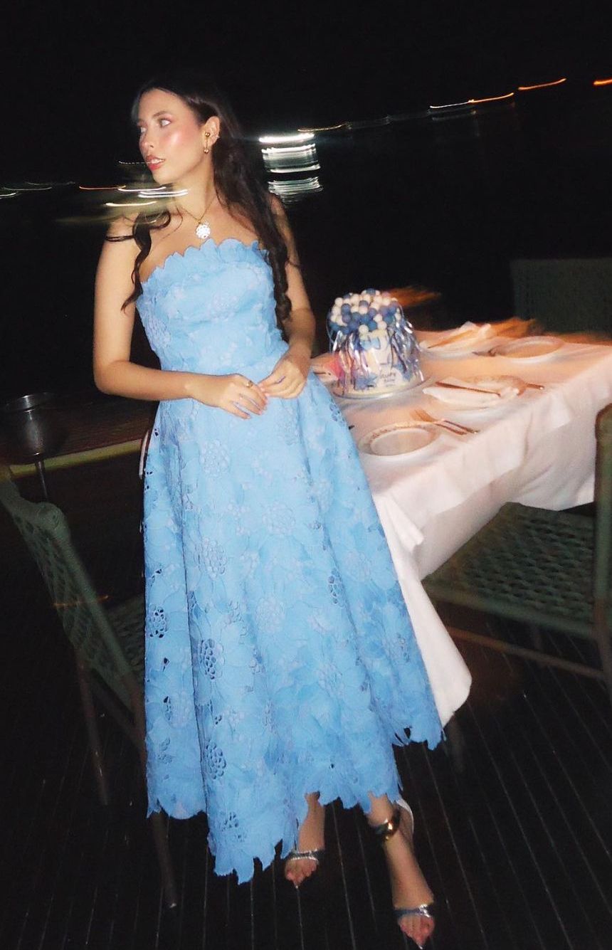Blue A Line Strapless Exquisite Lace Long Prom Dress Evening Dress SH8854