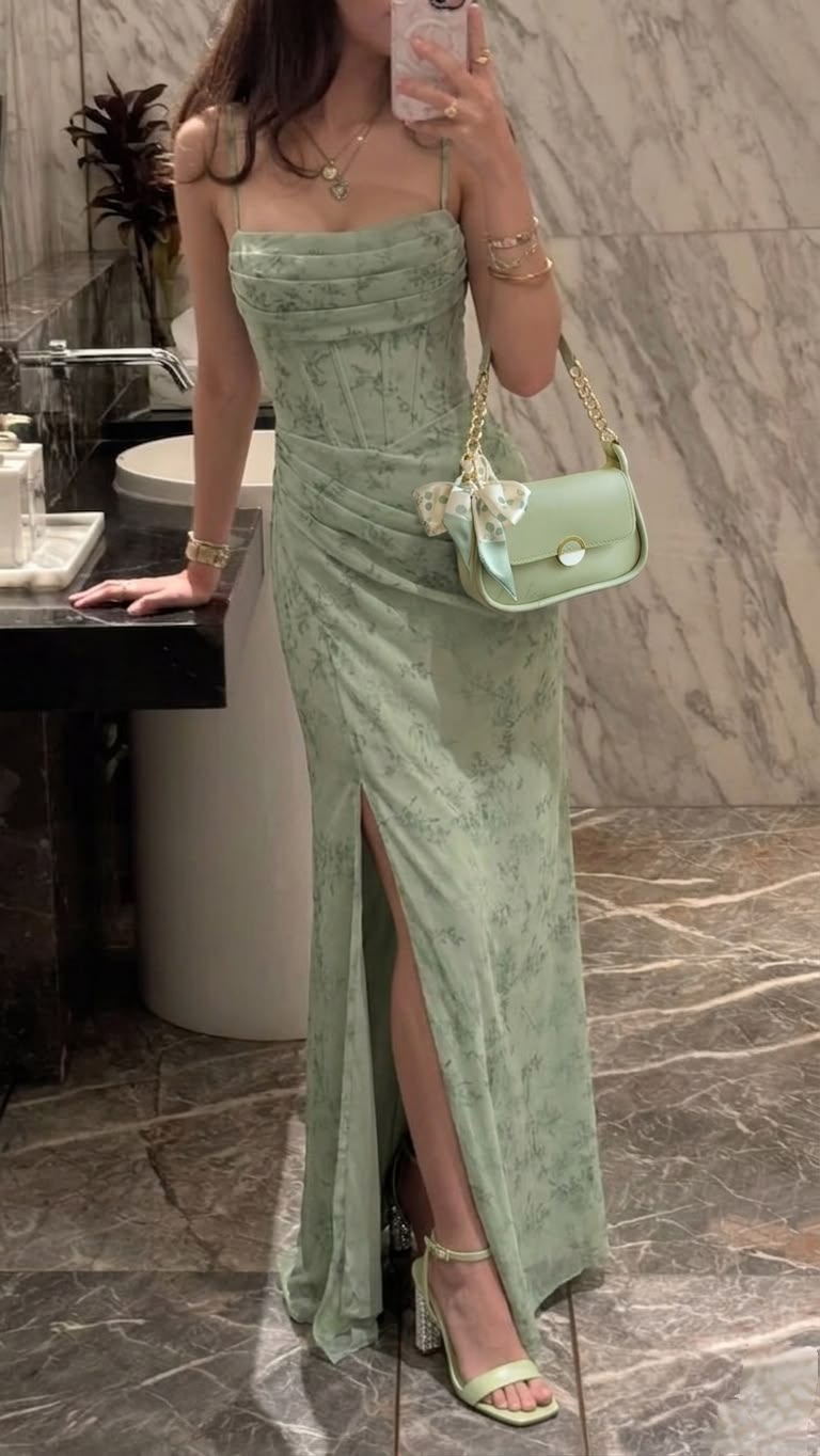 Green Print Sheath Spaghetti Strap Corset Chiffon Long Prom Dress Evening Dress SH6947