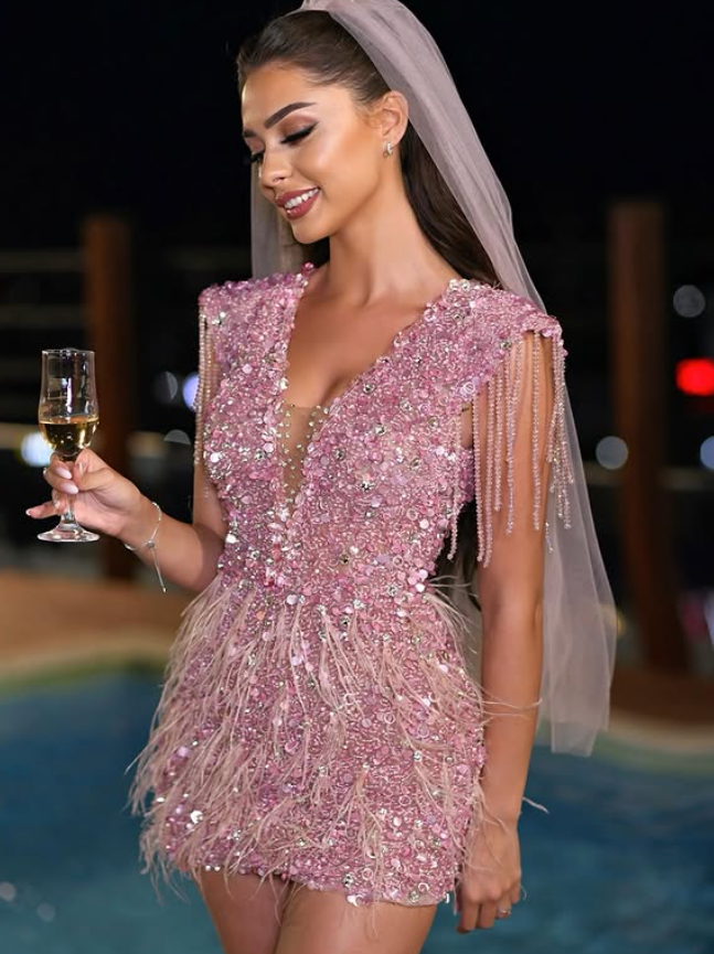 Dazzling Pink Sheath V Neck Sequin Beaded Feather Short Prom Dress Homecoming Dress SH6377