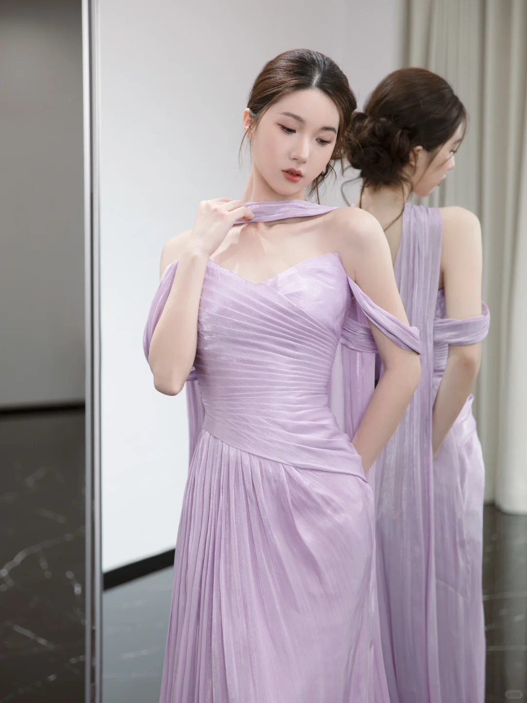 Gentle Purple A Line Off the Shoulder Pleated Satin Prom Dress Evening Dress SH4214