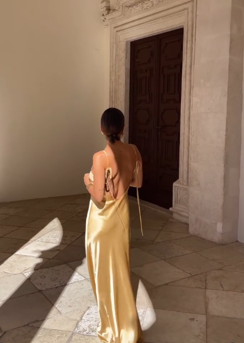 Simple Pecan Bronze A Line Spaghetti Strap Satin Open Back Prom Dress Wedding Guest Dress SH4450