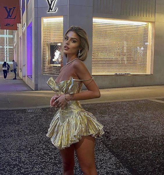 Stunning A Line Spaghetti Strap Gold Satin Short Homecoming Dress Cocktail Dress SH3690