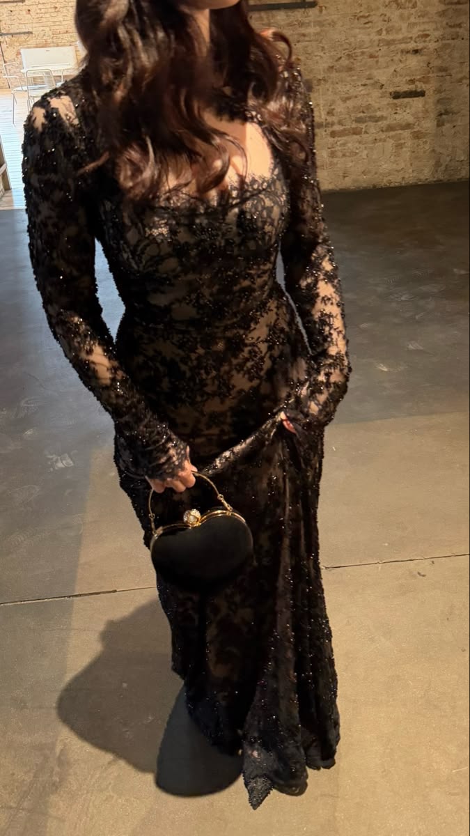 Black Sheath Long Sleeve Exquisite Beaded Lace Long Prom Dress SH8764