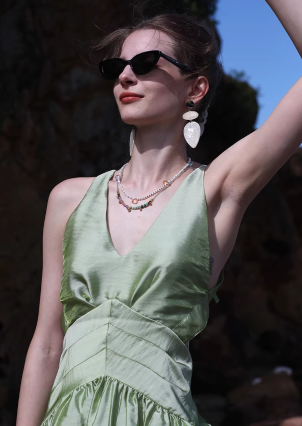 Green A Line V Neck Satin Open Back Short Homecoming Dress Vacation Dress Outfits SH3994