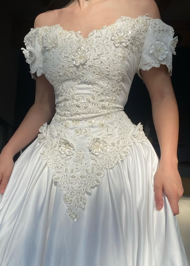 Retro A Line Off the Shoulder Pearl Appliques Satin Wedding Dress SH5949
