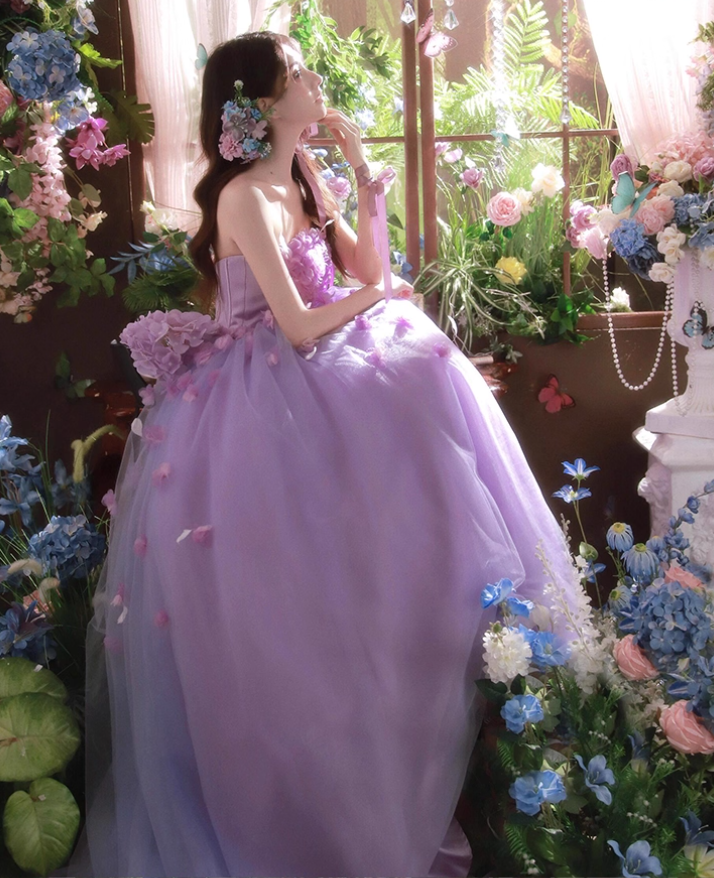 Purple Ball Gown Strapless Corset Floral Tulle Prom Dress 16th Birthday Dress SH4053