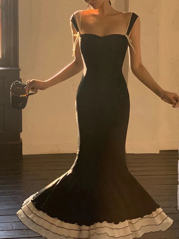 Sexy Black Mermaid Strap Satin Long Prom Dress Sweet Formal Party Dress SH2574