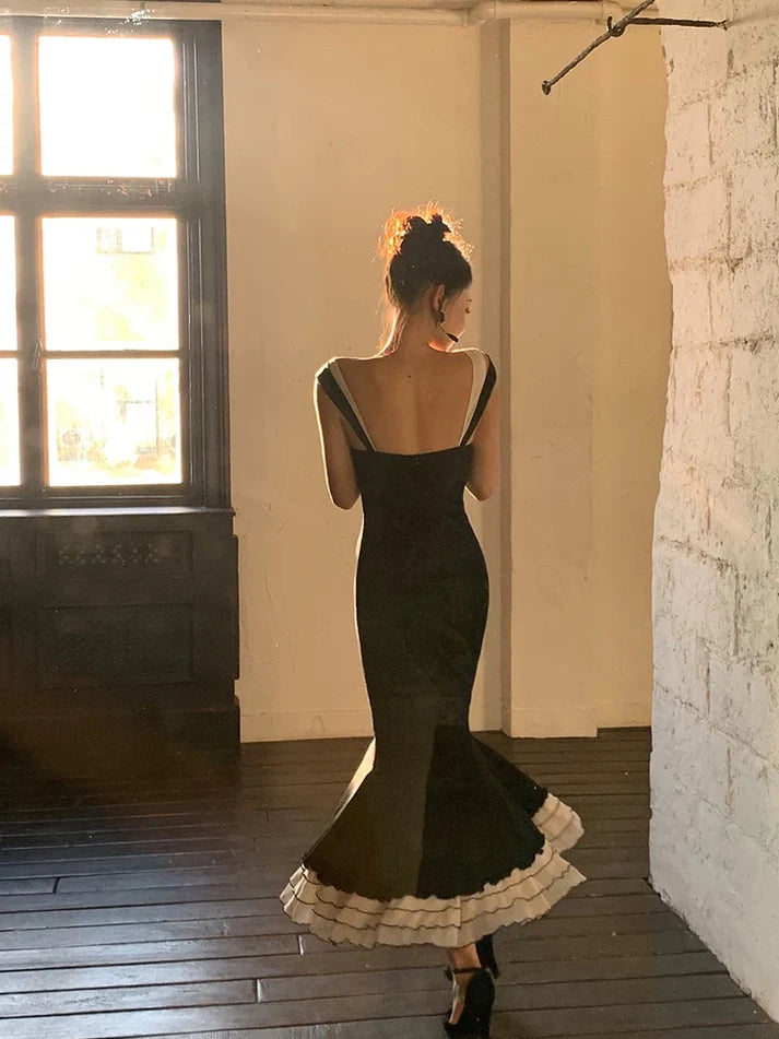 Sexy Black Mermaid Strap Satin Long Prom Dress Sweet Formal Party Dress SH2574