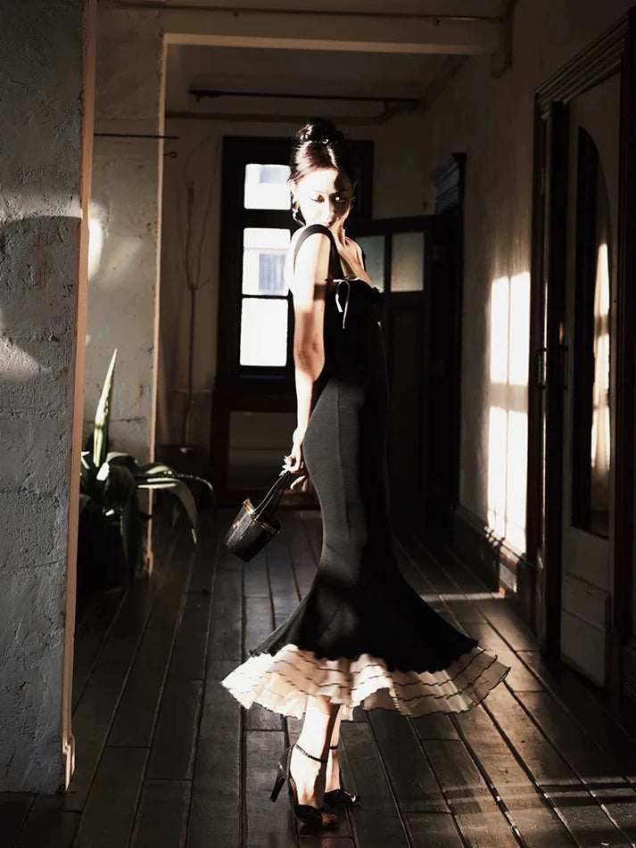 Sexy Black Mermaid Strap Satin Long Prom Dress Sweet Formal Party Dress SH2574