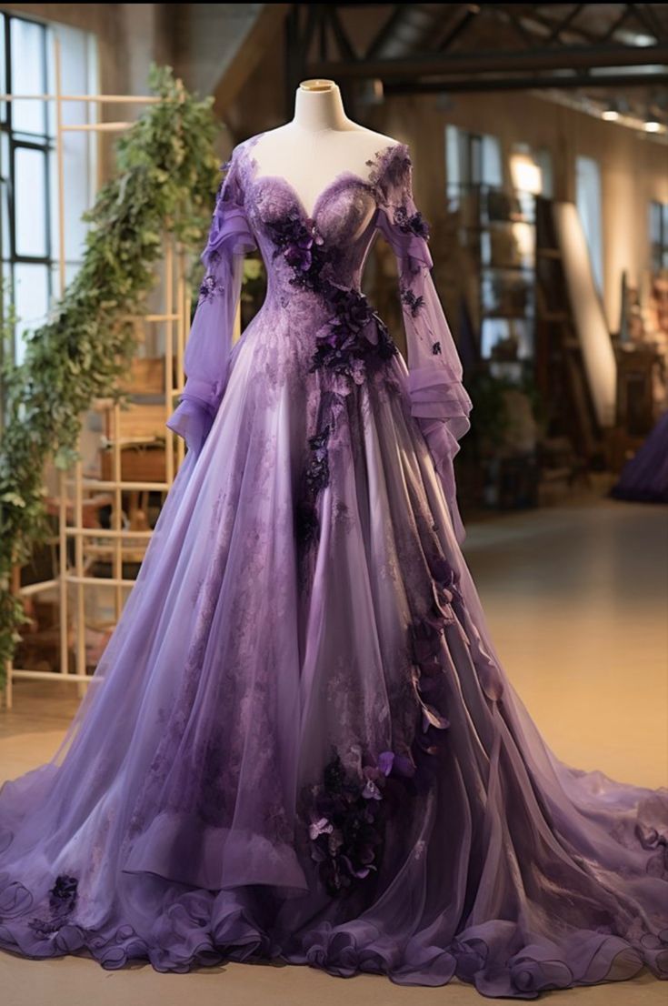 Charming A Line Long Sleeve Purple 3D Flower Lace Tulle Prom Dress Evening Dress SH2424