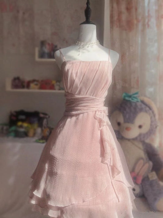 Pink Gentle A Line Spaghetti Strap Chiffon Short Homecoming Dress Cocktail Dress SH3428