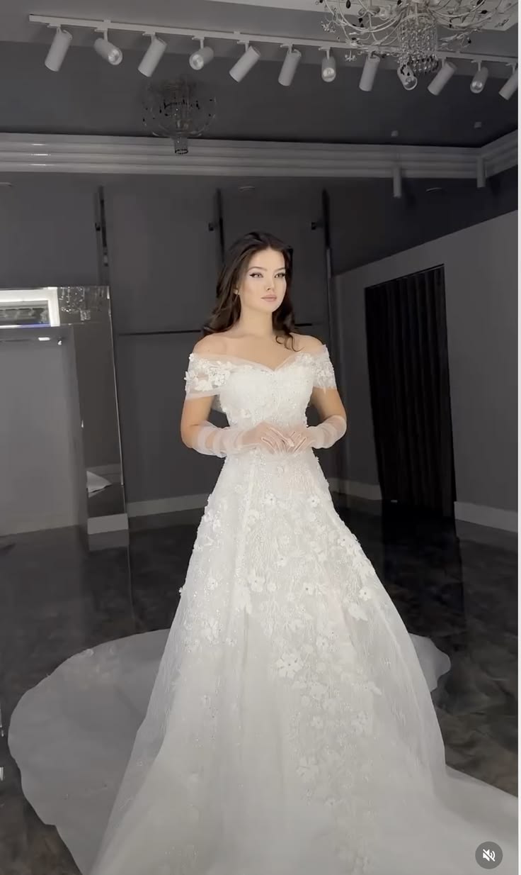 Dreamy A Line Off the Shoulder White Applique Tulle Long Train Wedding Dress SH8735
