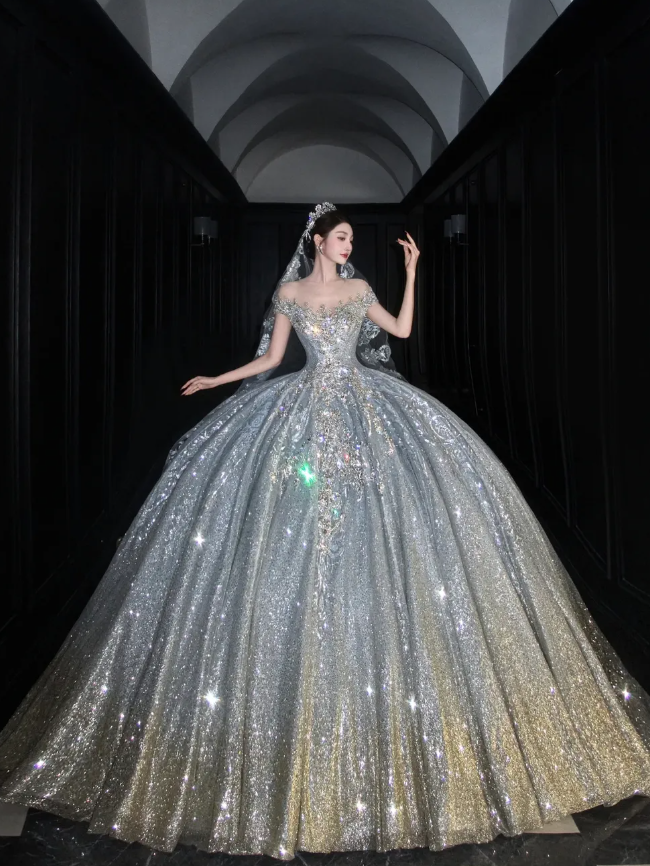 Shiny Rhinestone Beaded Silver Sequin Ball V Neck Prom Dress Evening Dress Party Dress SH3613