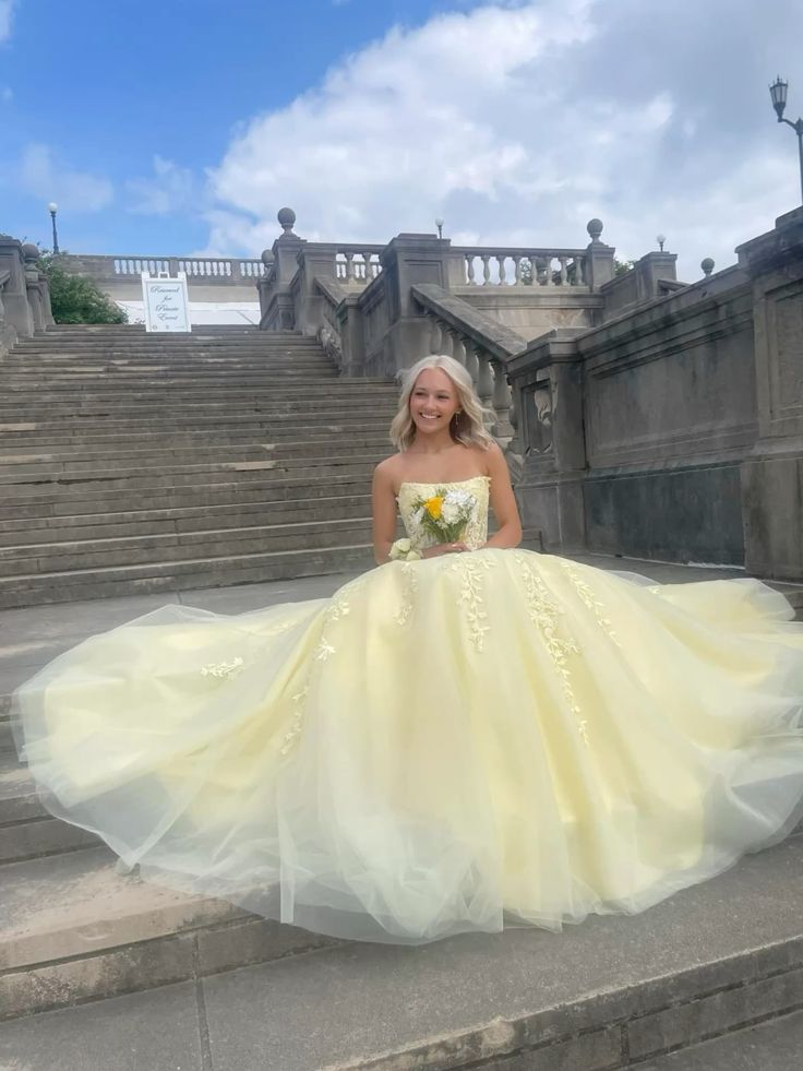 Yellow A Line Strapless Appliques Tulle Prom Dress Wedding Guest Dress SH4292