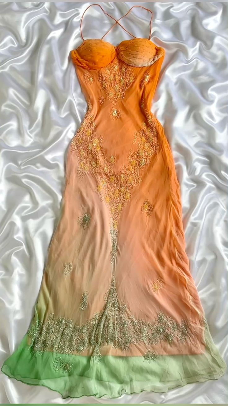 Vintage A Line Spaghetti Strap Beaded Orange Green Ombre Chiffon Prom Dress Party Dress SH3997