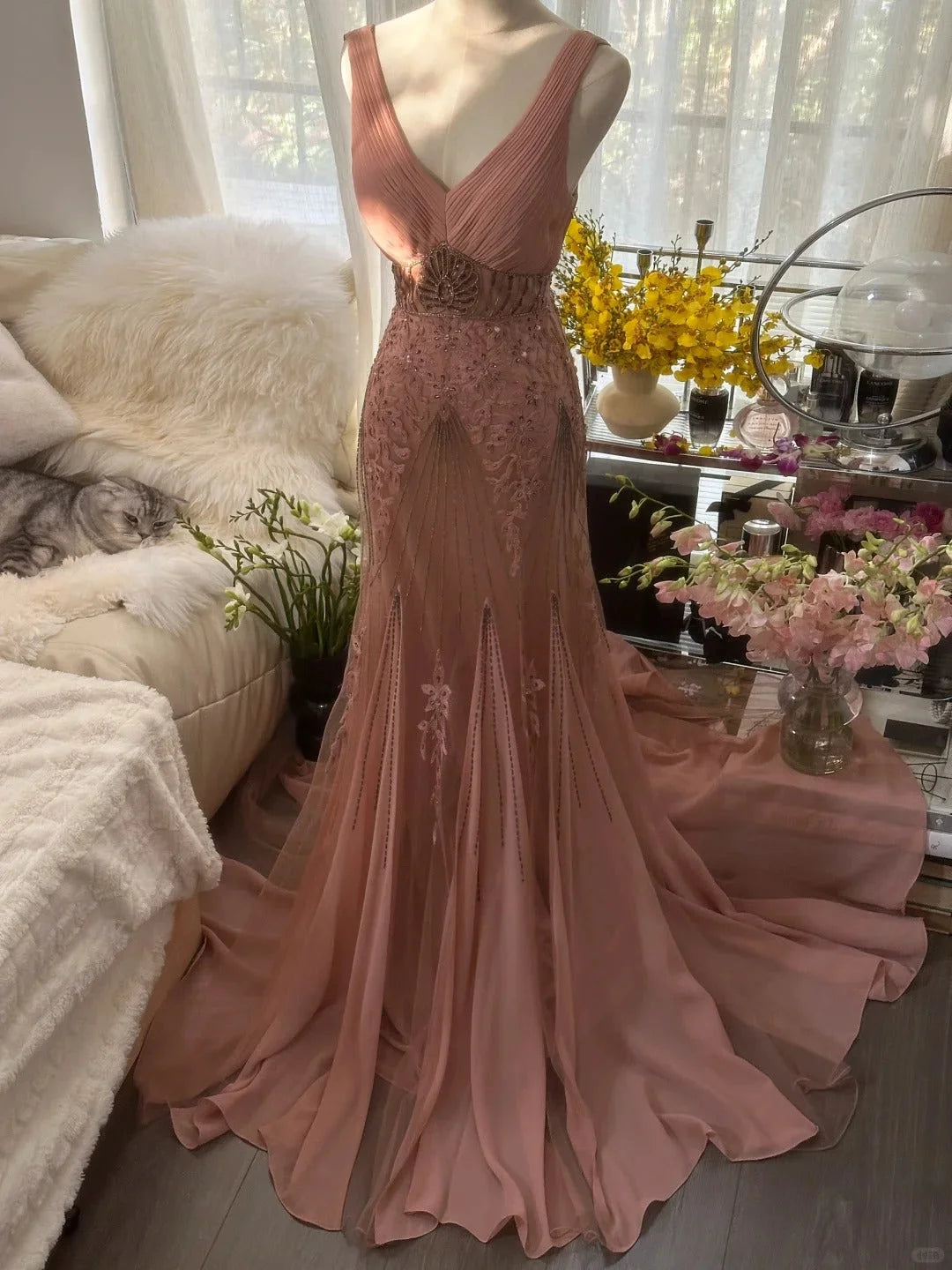 Elegant Mermaid V Neck Beaded Pink Chiffon Party Dress Evening Dress SH2882