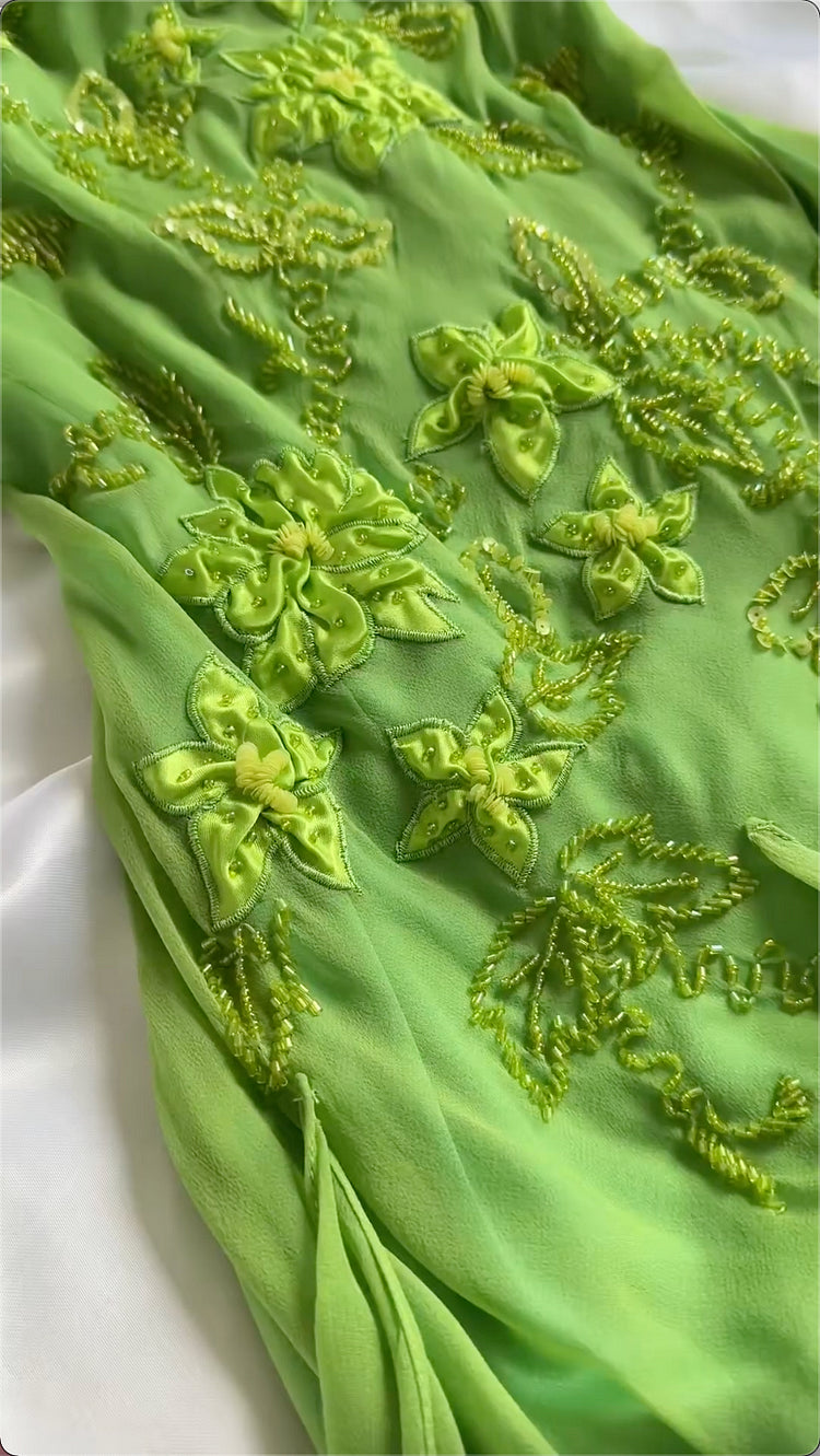 Charming A Line Spaghetti Strap Beaded Ruffle Green Chiffon Prom Dress SH2111