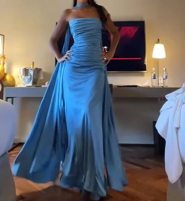 Strapless Blue A Line Satin Long Prom Dress Formal Party Dress SH2573