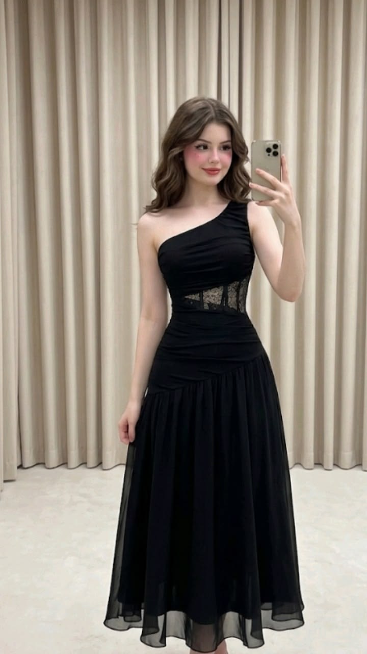 Cute A Line One Shoulder Black Chiffon Long Prom Dress Evening Dress SH8322