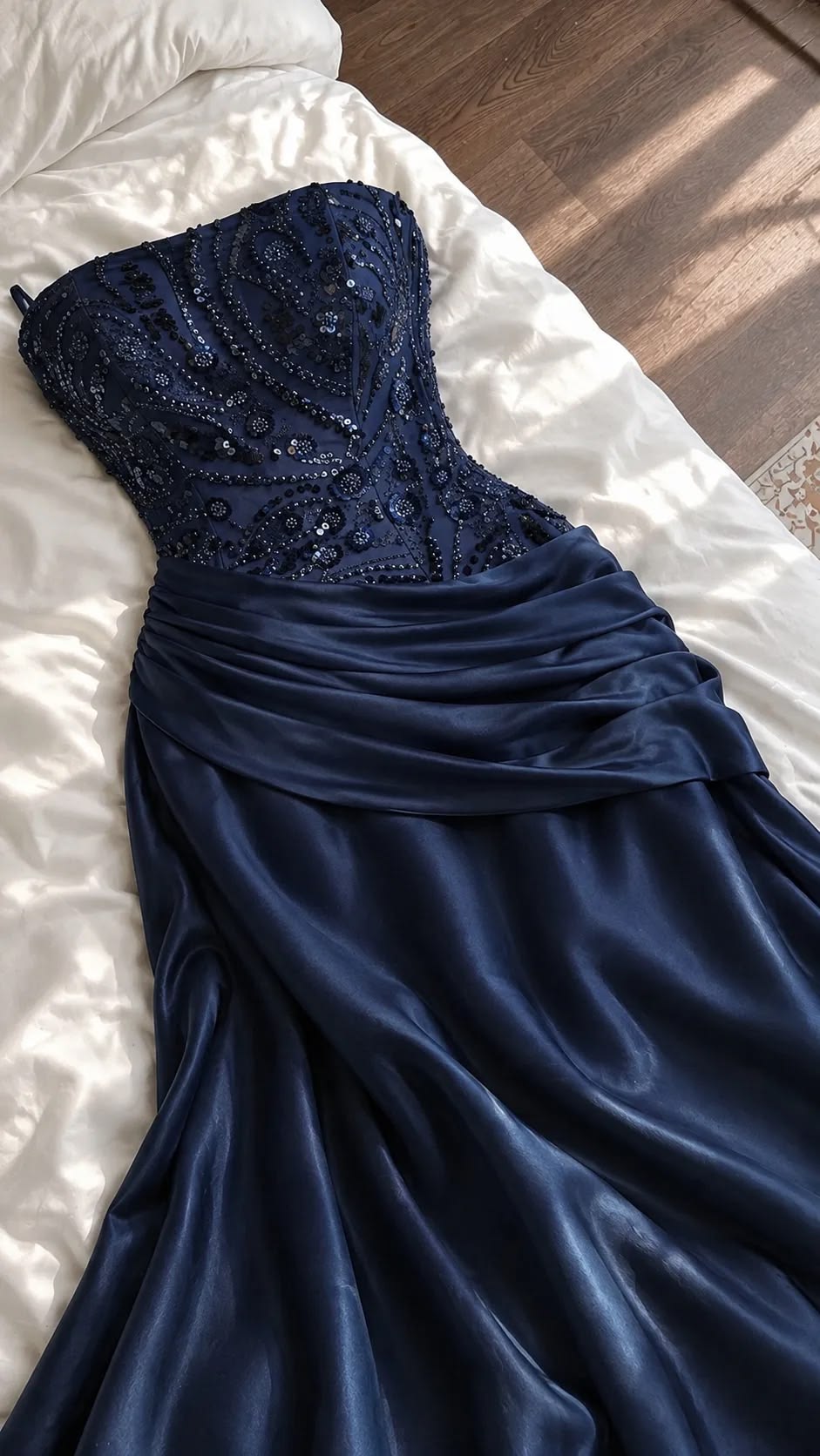 Navy Blue A Line Strapless Beaded Satin Long Prom Dress SH8768