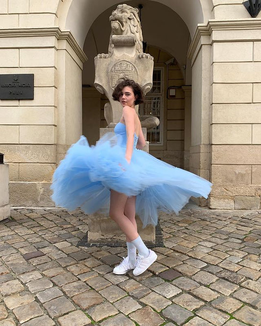 Baby Blue A Line Strapless Tulle Prom Dress Wedding Guest Dress Birthday Dress SH4441