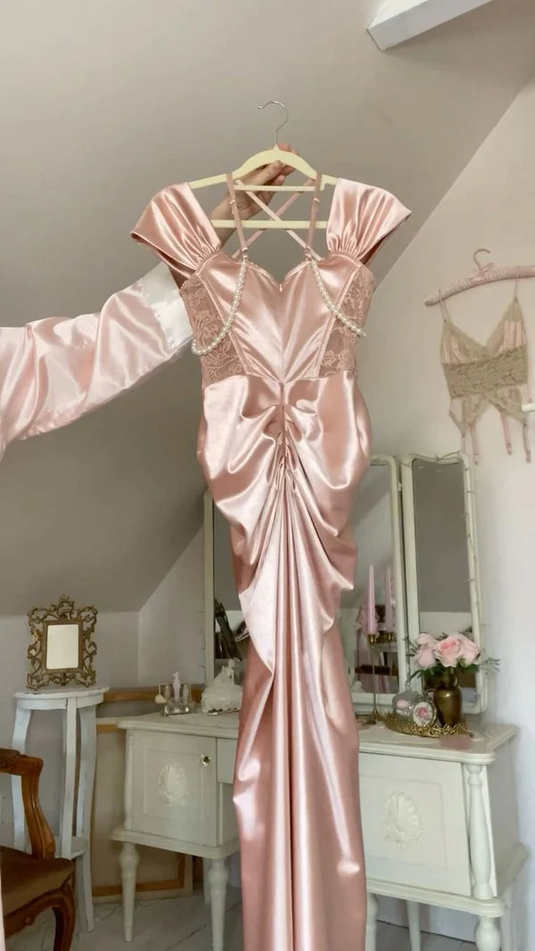 Stunning Sheath Off the Shoulder Pearl Pink Lace Satin Prom Dress Wedding Guest Dress SH4221