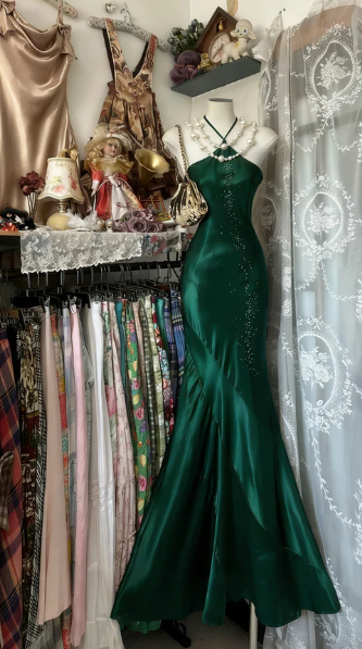 Vintage Blue Mermaid Long Prom Dresses Beaded Satin Evening Dresses Birthday Dresses SH5042