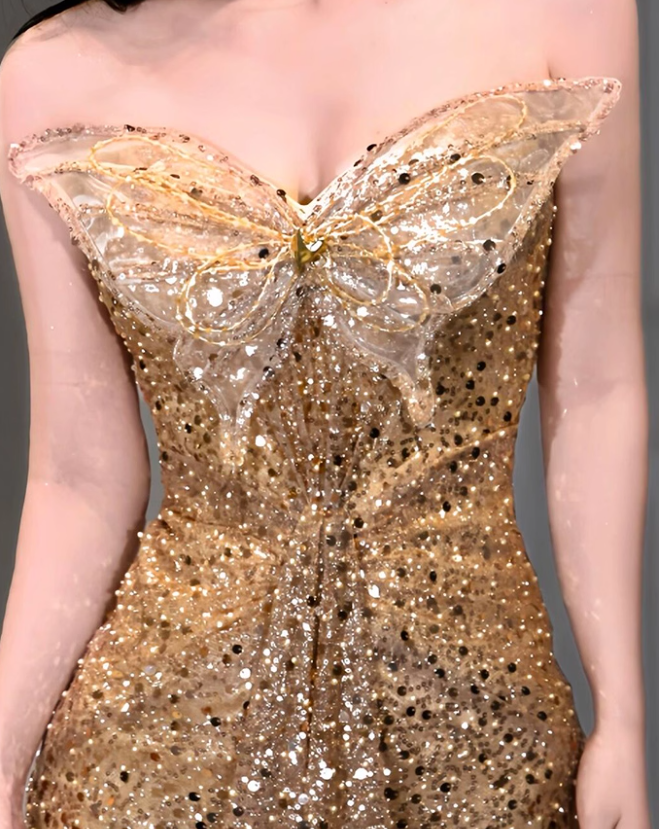Golden Butterfly Mermaid Strapless Sequin Prom Dress Party Dress SH4076