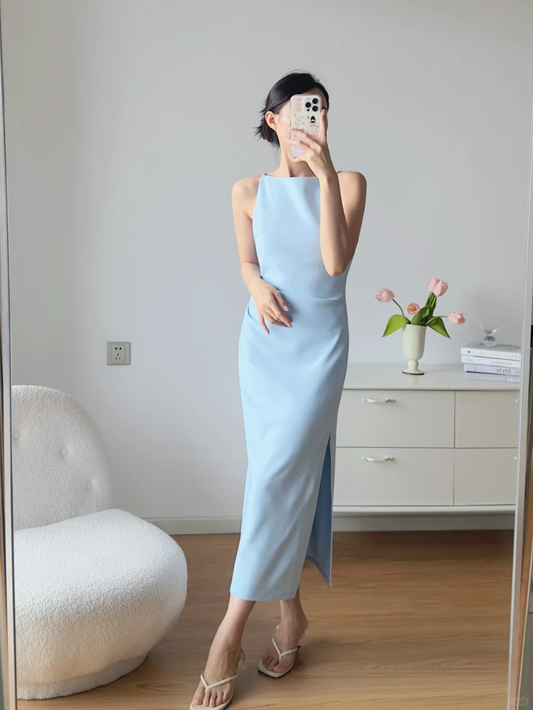 Baby Blue Sheath Round Neck Satin Prom Dress Evening Dress Party Dress SH4217