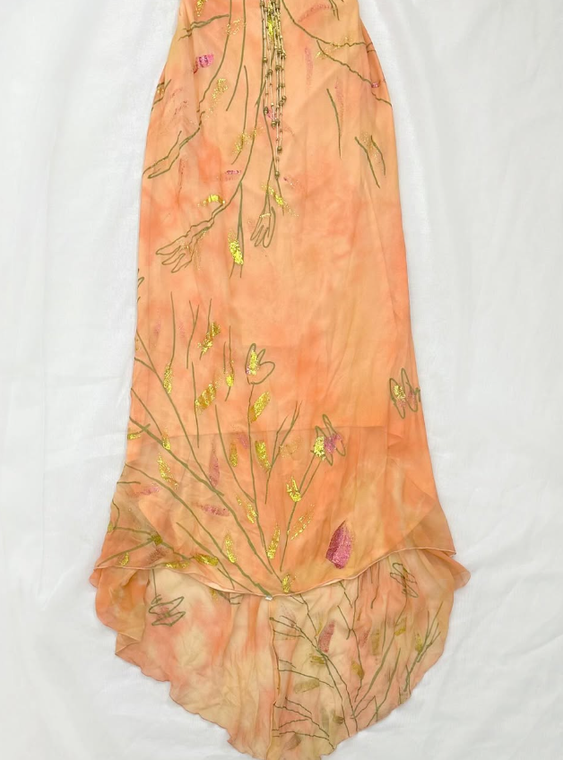 Retro Orange Print Floral A Line Spaghetti Straps Chiffon Long Prom Dress Cocktail Dress SH3547