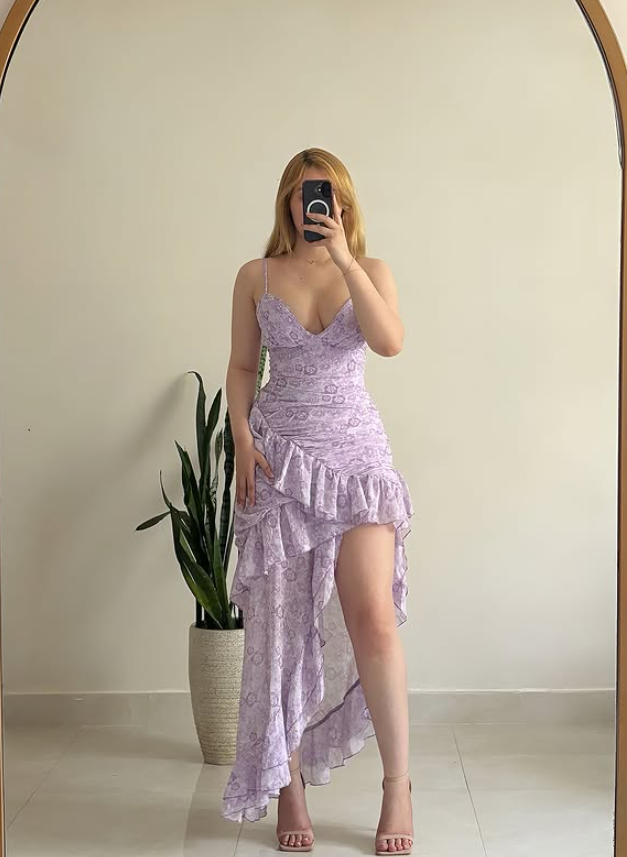 Beautiful Purple Print Spaghetti Strap Chiffon Slit Prom Dress Evening Dress SH6880