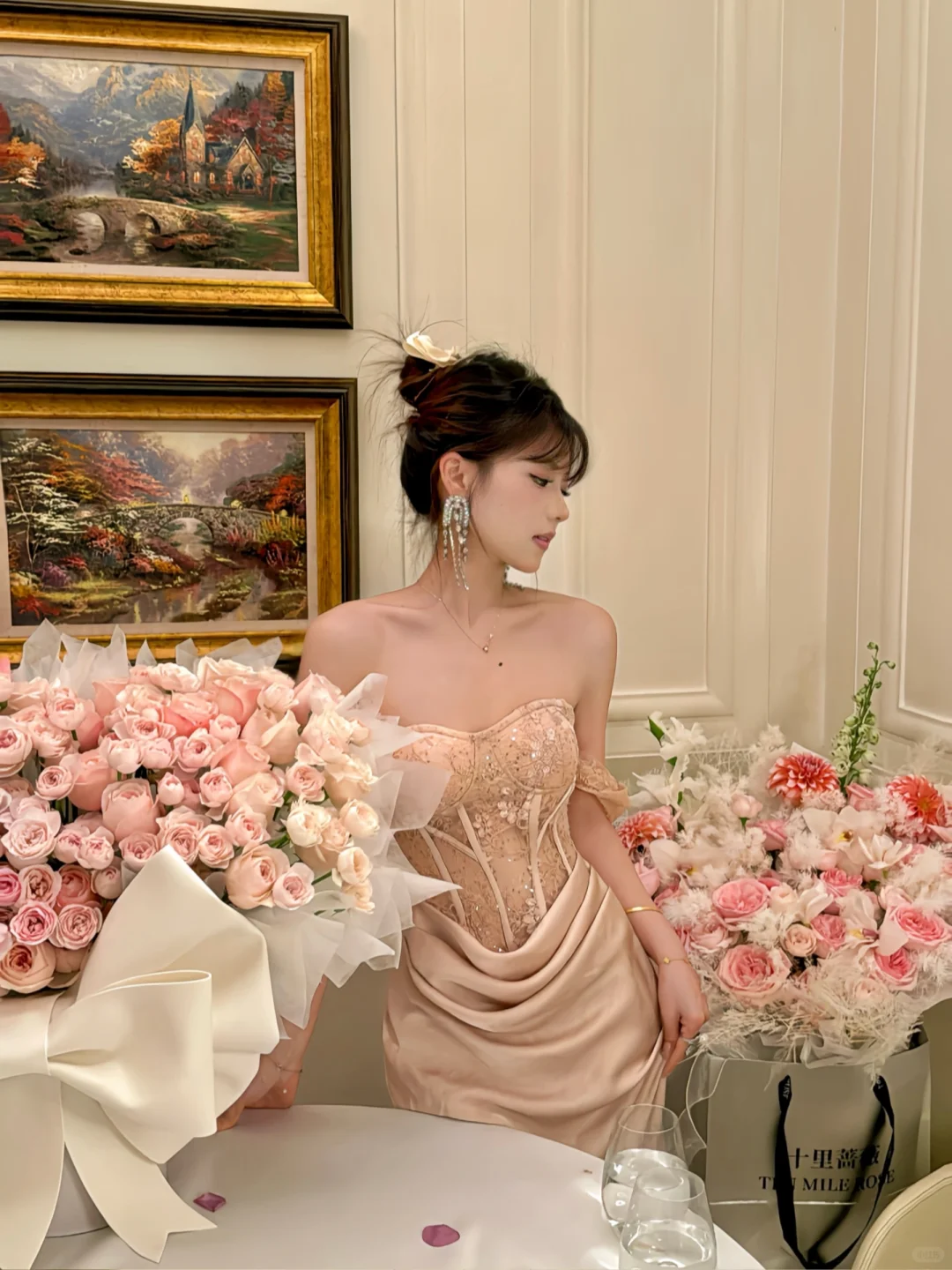 Elegant Mermaid Off the Shoulder Apricot Lace Satin Prom Dress Evening Dress Formal Gown SH3923