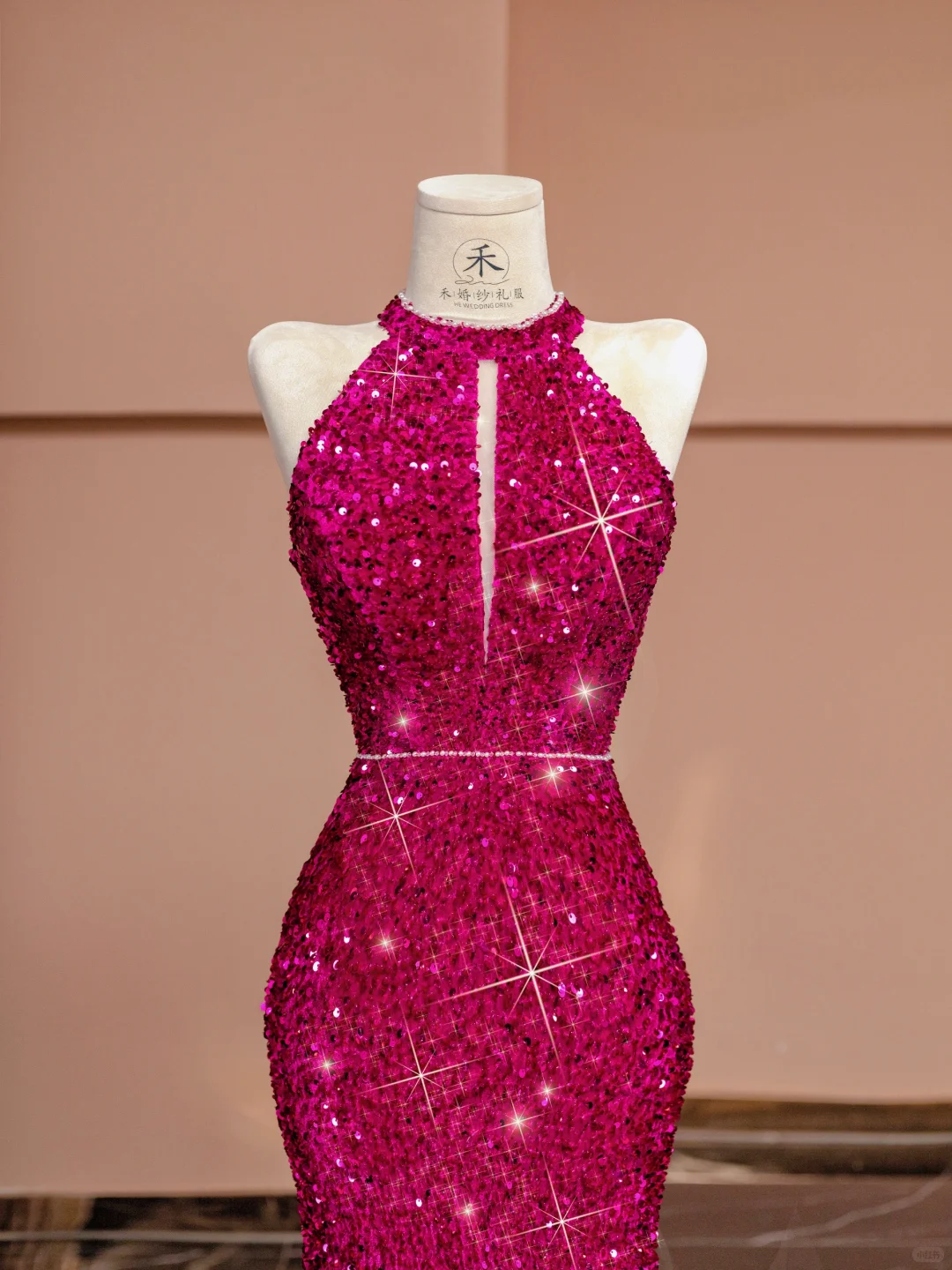 Barbie Pink Mermaid Halter Sequin Open Back Long Prom Dress Party Dress SH4363