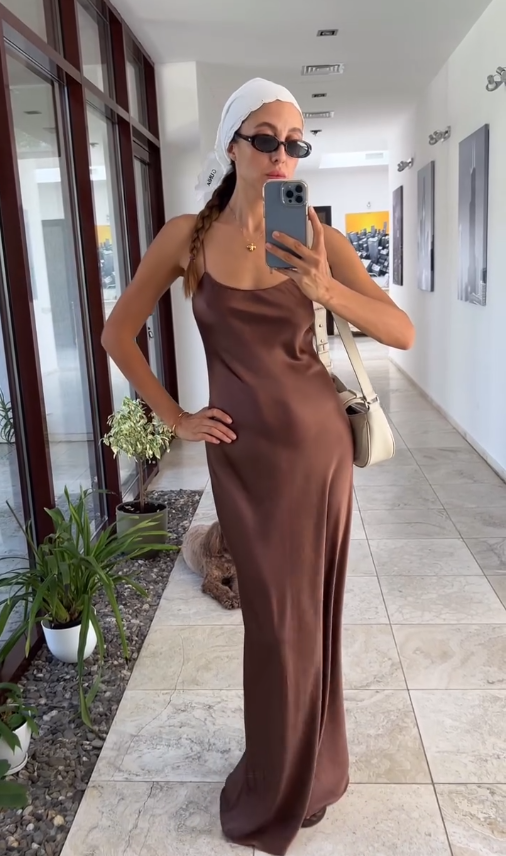 Simple Brown A Line Spaghetti Strap Satin Open Back Prom Dress Wedding Guest Dress SH4448