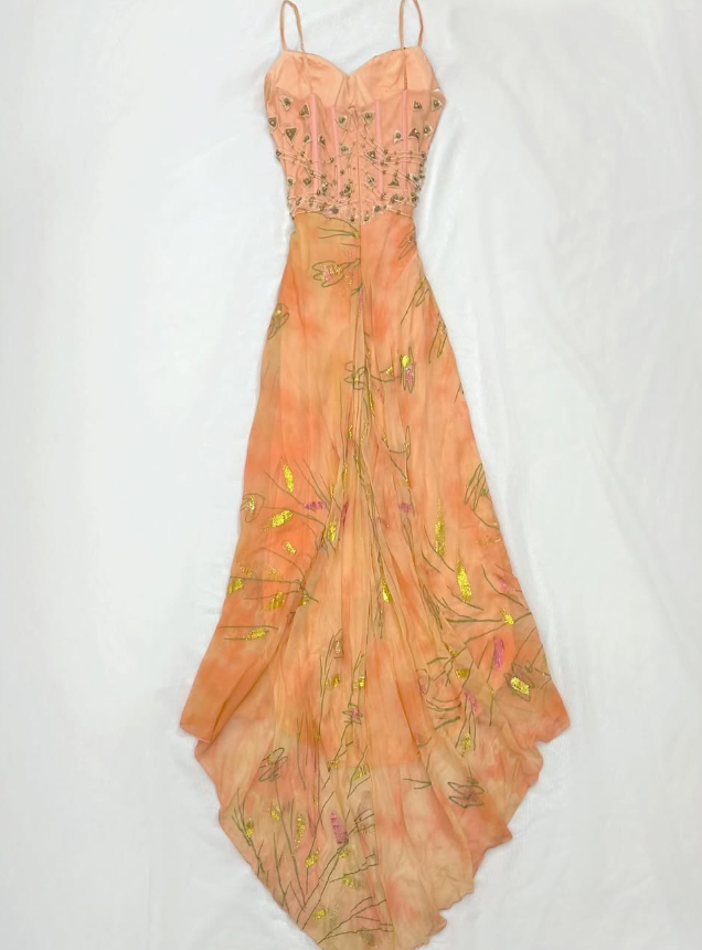 Retro Orange Print Floral A Line Spaghetti Straps Chiffon Long Prom Dress Cocktail Dress SH3547
